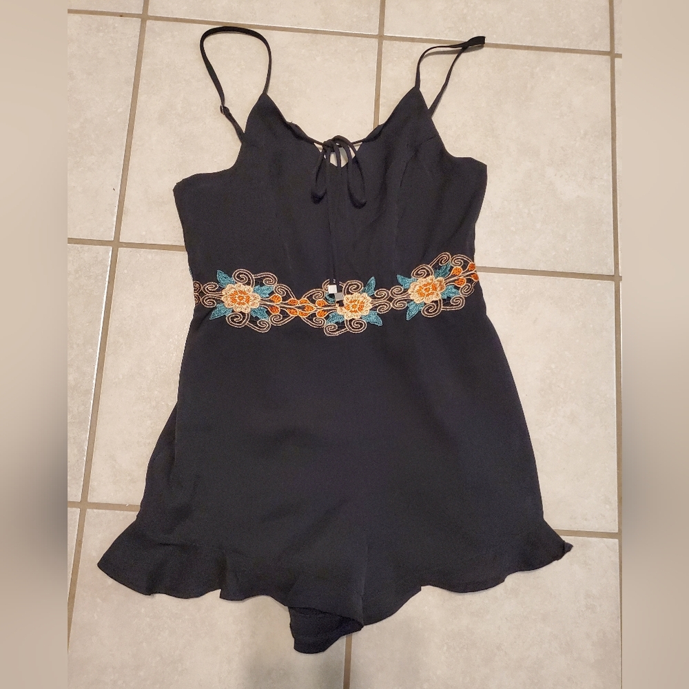 NWT Francesca's Black Romper with Floral Embroidery
